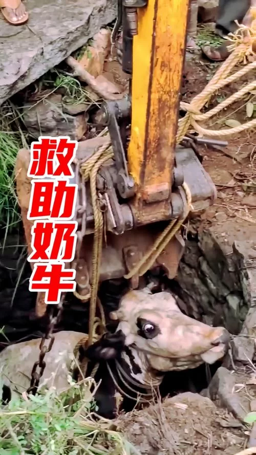 奶牛遇险！看救援人员如何巧妙拯救它